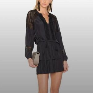Ramy Brook Winnie Black Dress Lace Inset Tiered Dress Size Large